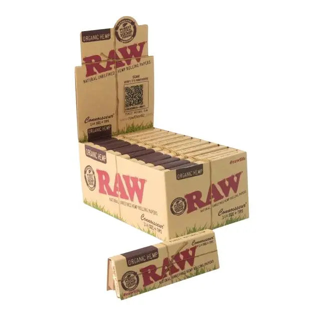 Display box of Raw Organic Hemp 1 1/4 inch rolling papers, showcasing eco-friendly packaging and premium quality.