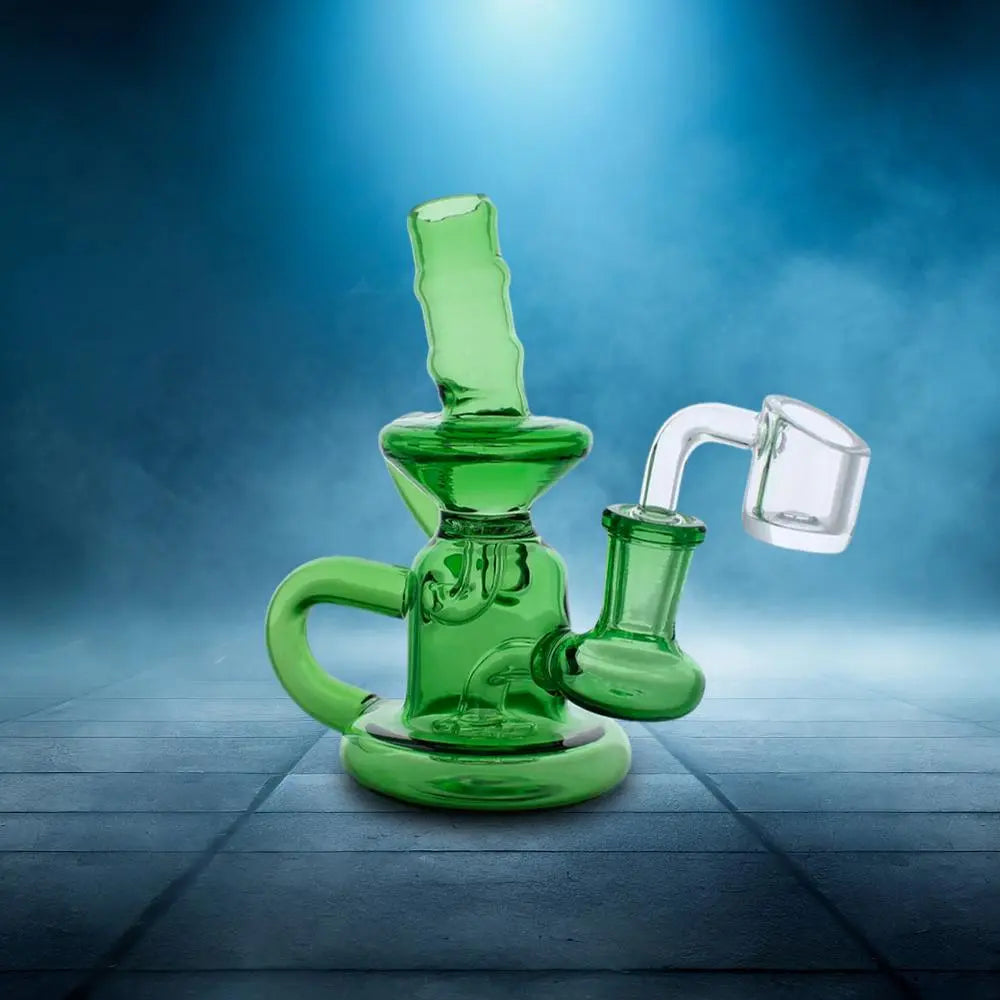 Green recycler dab rig with 14mm male 90 degree banger for smooth, filtered hits.