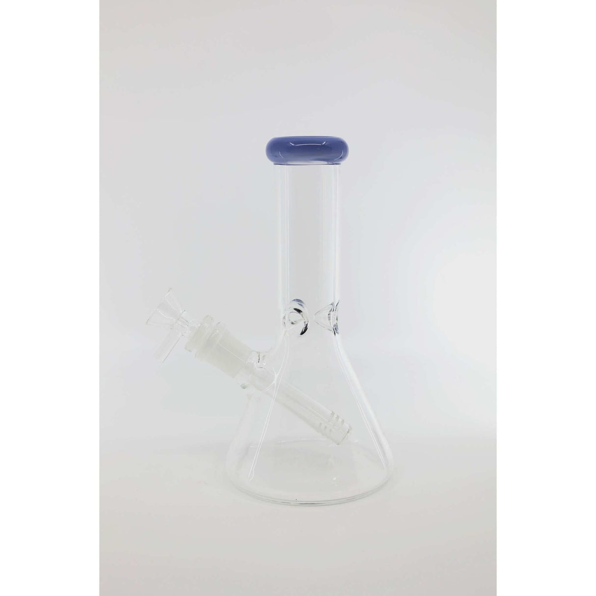 8" Glass Mini Beaker Ice Bong with purple rim and clear borosilicate glass design.