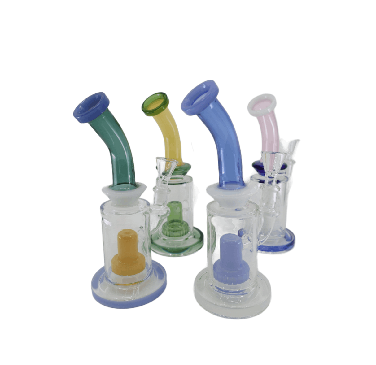 SK - 398 8" shower head bent dab rig featuring honeycomb perc design in various colors.