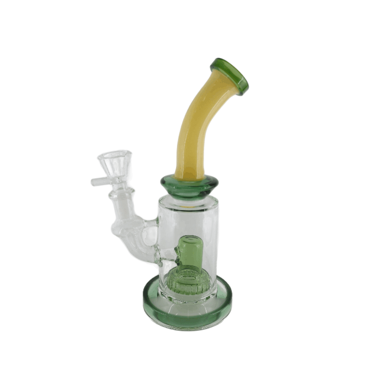 SK - 398 8" shower head bent dab rig with honeycomb perc, featuring a bent neck design to prevent splashback.