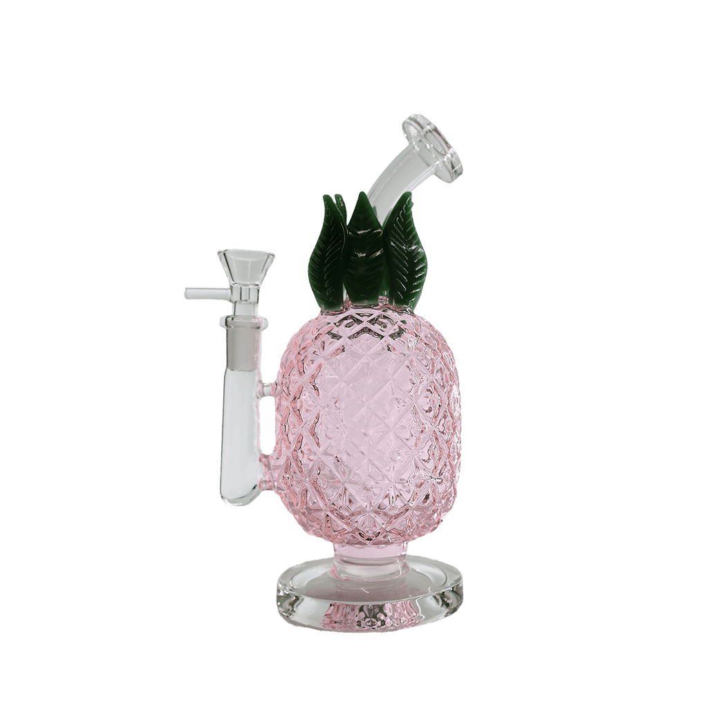 8-inch Juicy Glass Pineapple Bong Dab Rig with textured pink pineapple design and green leaves.