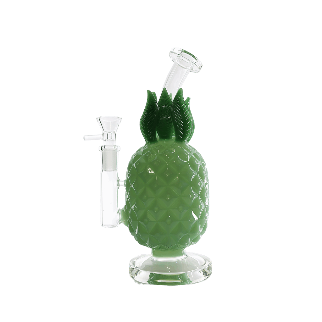 8-inch juicy glass pineapple bong dab rig with textured design and green glass leaves.