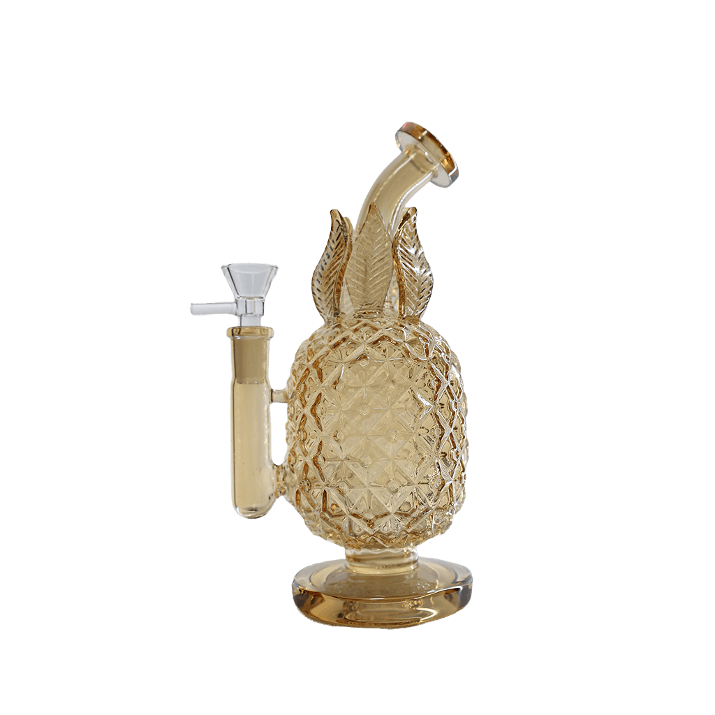 8-inch juicy glass pineapple bong dab rig with textured pineapple design and colored glass leaves.