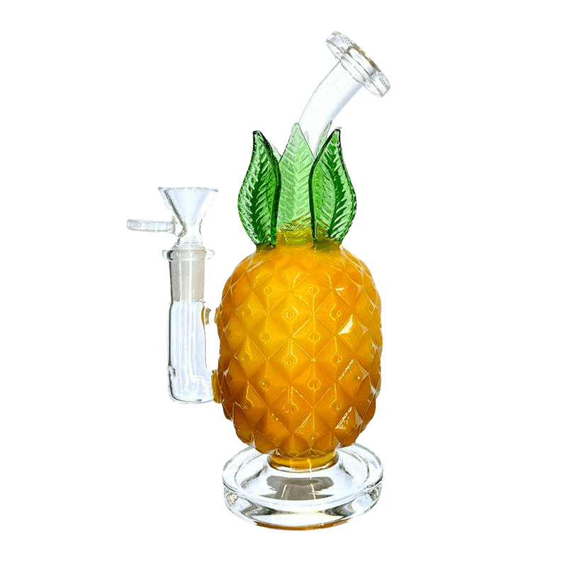 8" glass pineapple bong dab rig with textured design and colored glass leaves.