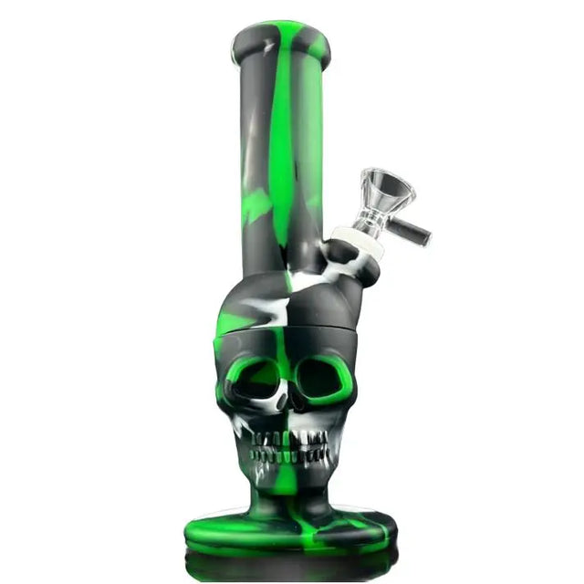 SKULL TUBE SILICONE RIG with skull design, made from heat-resistant silicone, featuring a clear glass bowl.