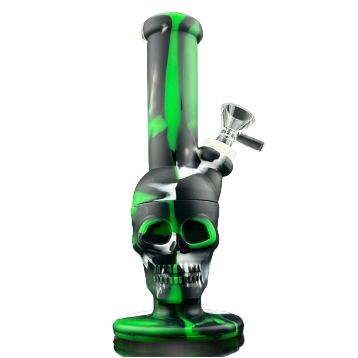 SKULL TUBE SILICONE RIG with skull design, made from heat-resistant silicone, featuring a clear glass bowl.