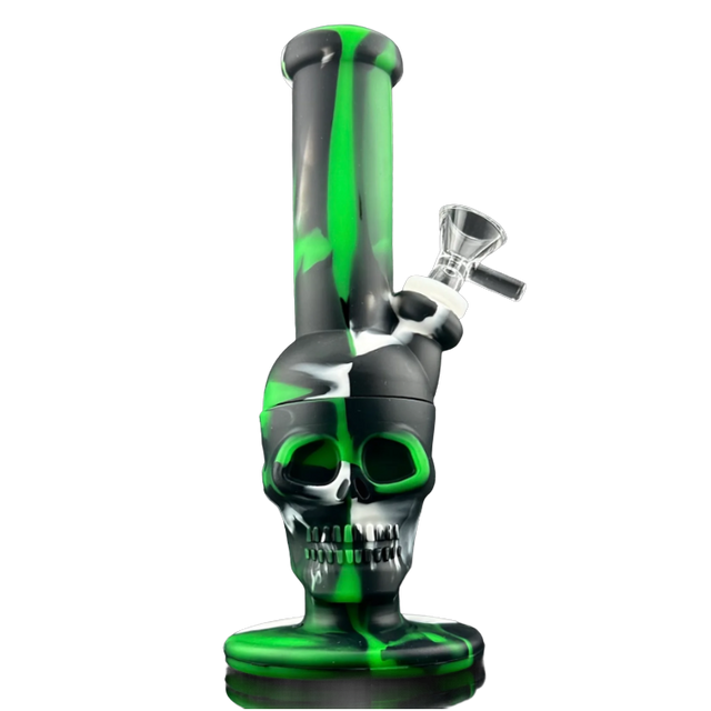 SKULL TUBE SILICONE RIG with skull design, made from heat-resistant silicone, featuring a clear glass bowl.