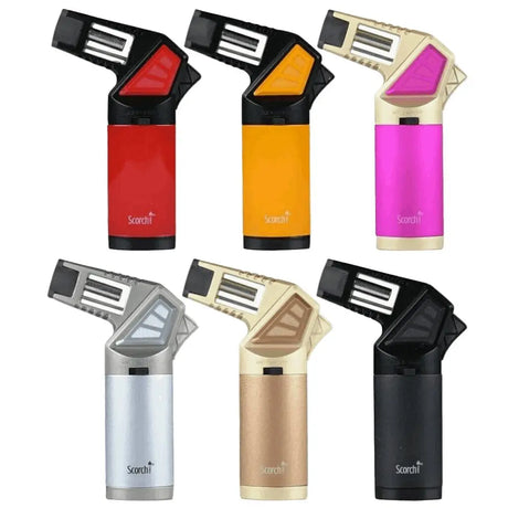 Scorch Torch 61575 Easy Grip Single Jet Flame lighters in assorted colors.