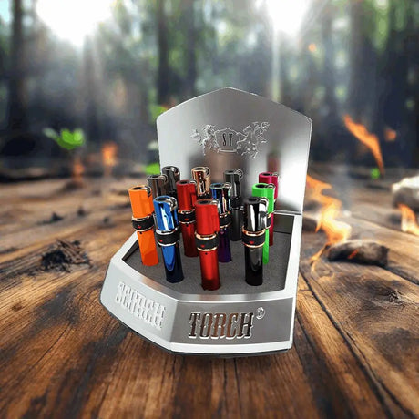 Scorch Torch 4" Flint Igniter in assorted neon colors, 12-piece display, outdoor lighter.