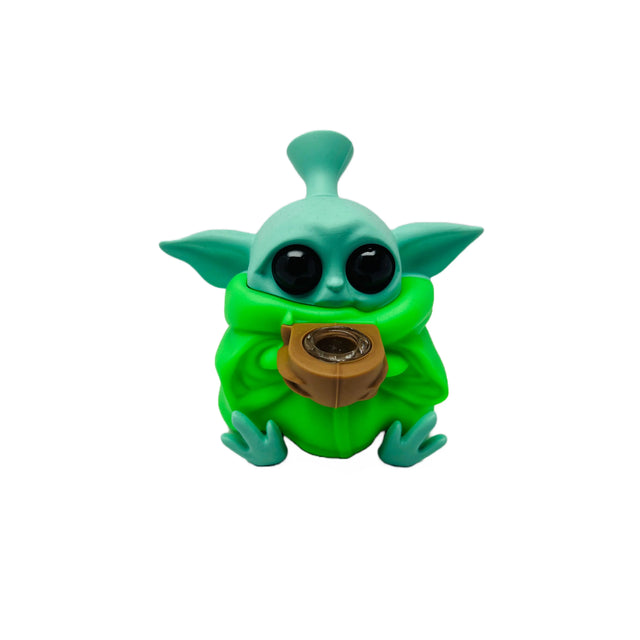 Baby Yoda silicone water pipe, Star Wars themed, made from food-grade silicone, compact and portable design.