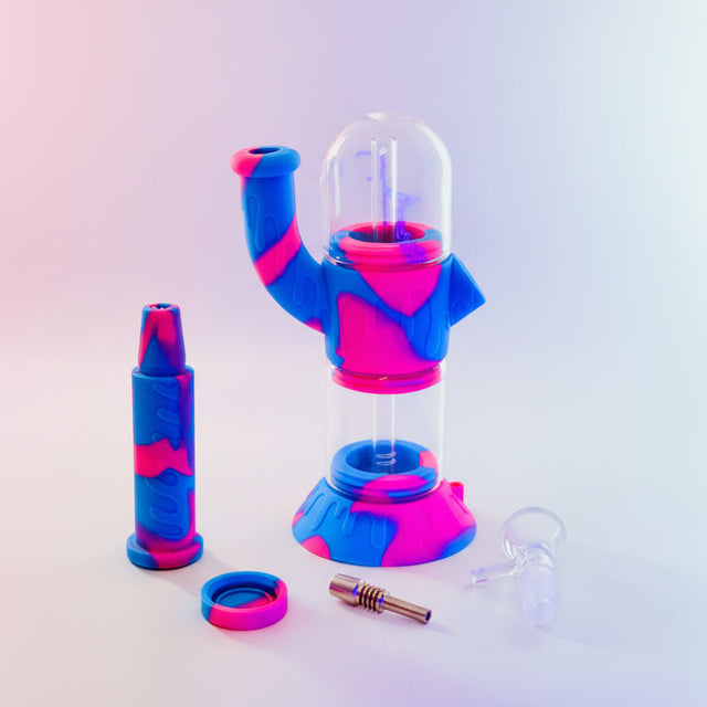 Colorful smoking device with accessories on a white background