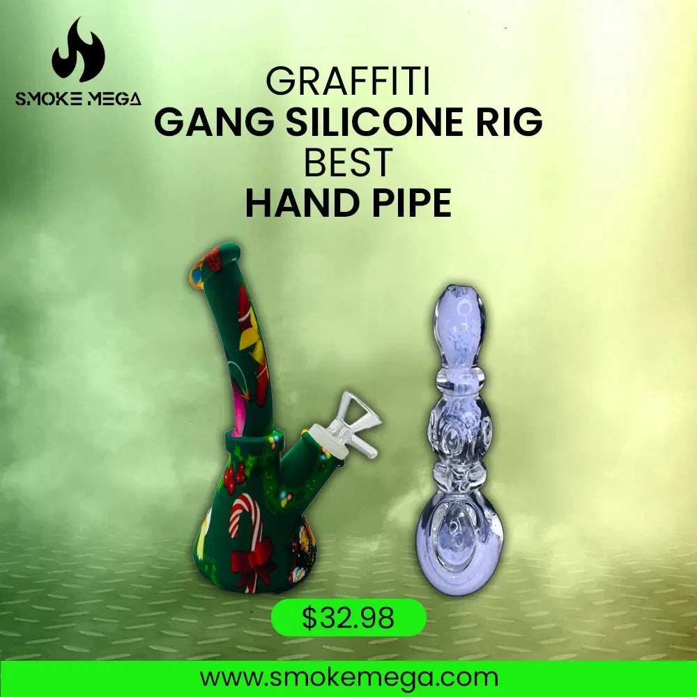 Sk - 705 Graffiti Gang Silicone Rig with hand pipe, vibrant graffiti design, durable silicone, ergonomic glass, $32.98, smokemega.com.