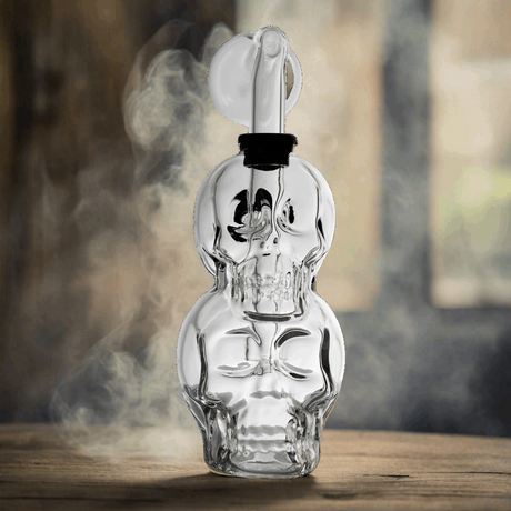 Skull Head Glass Oil Rig with Eye-Catching Design on Wooden Table; Premium Borosilicate Glass for Durability and Style.