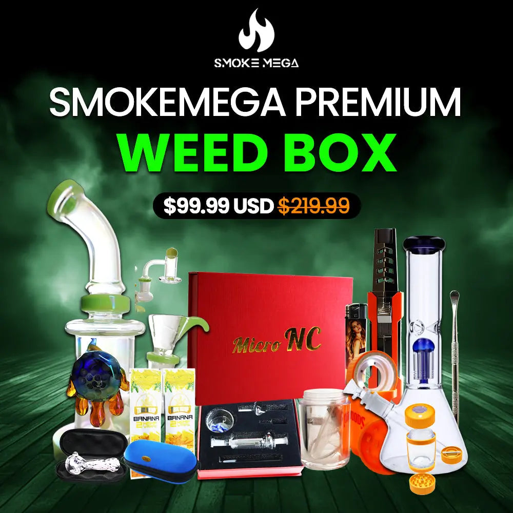 SmokeMega Premium Weed Box with smoking accessories and glass pipes.