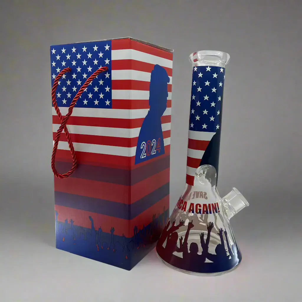 Trump 2024 Bong Box 12" with Save America Again design, featuring patriotic American flag motif and durable glass construction.