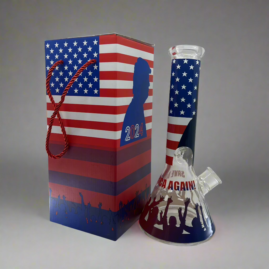 Trump 2024 Bong Box 12 inch, Save America Again design, patriotic smoking accessory.