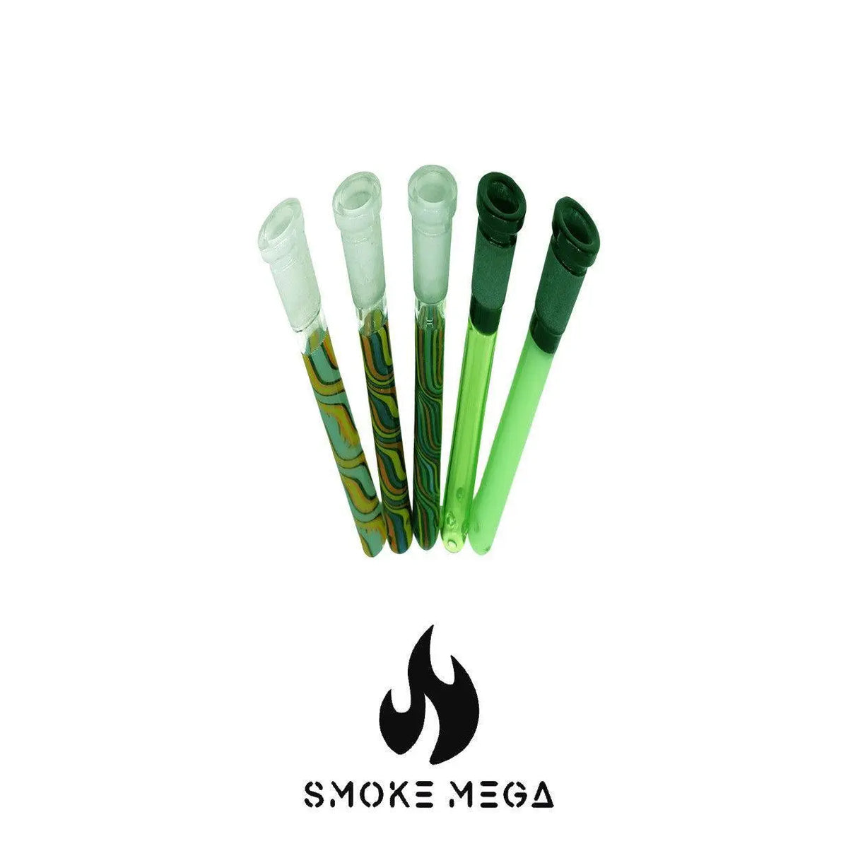 Colorful 14mm glass down stems for water pipes, Smoke Mega branding.