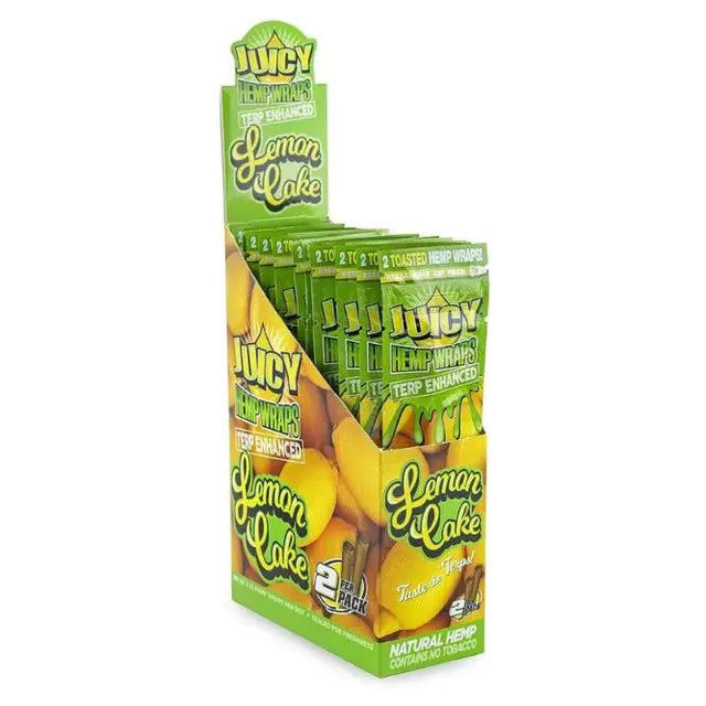 Juicy Hemp Wraps Lemon Cake flavor display box with natural hemp wraps.