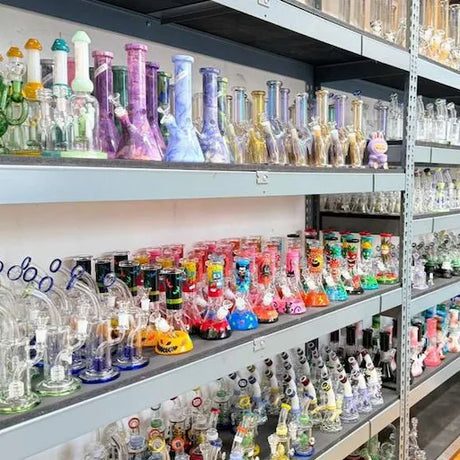 Shelves filled with various colorful glass pipes and smoking accessories in a store setting.
