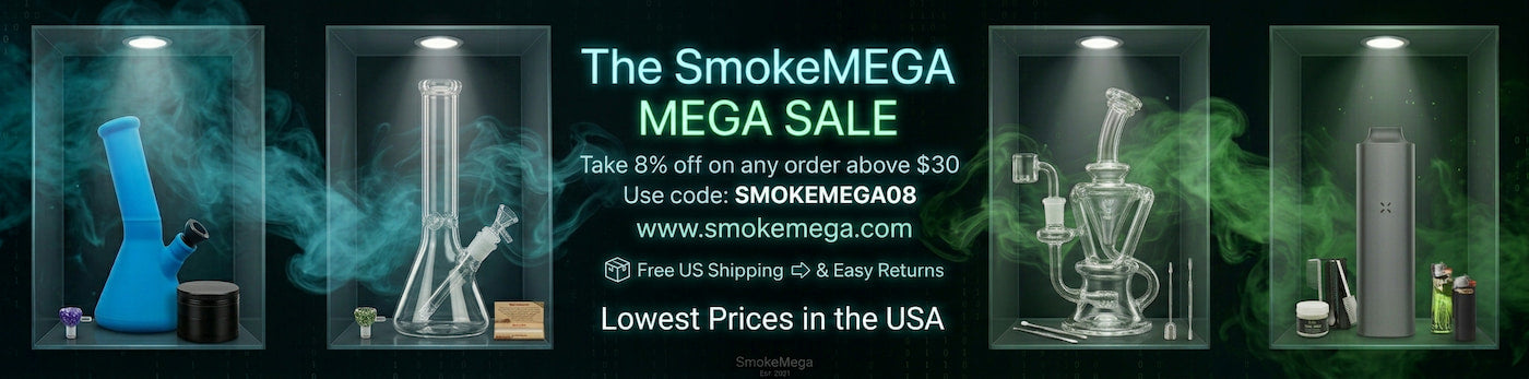 Advertisement for The Smoke MEGA with 8%discount code and images of smoking devices