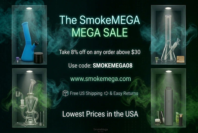 Advertisement for The Smoke MEGA with 8%discount code and images of smoking devices